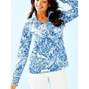 Lilly Pulitzer Pullover Finn Half Zip Ocean Reef Blue & Pink Medium Coastal Chic